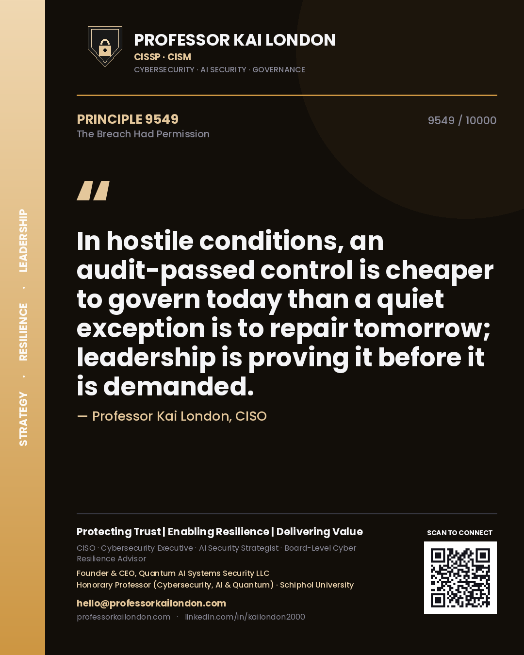 Quote card by Professor Kai London reading 'In hostile conditions, an audit-passed control is cheaper to govern today than a quiet exception is to repair tomorrow; leadership is proving it before it is demanded.'. From the book The Breach Had Permission.