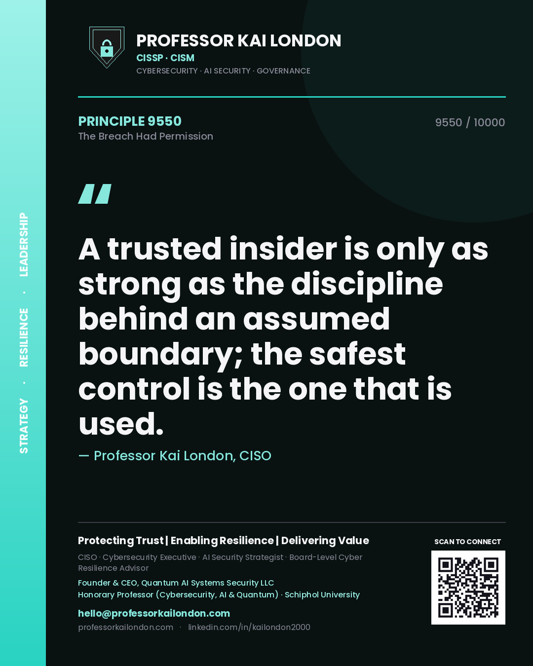 Quote card by Professor Kai London reading 'A trusted insider is only as strong as the discipline behind an assumed boundary; the safest control is the one that is used.'. From the book The Breach Had Permission.