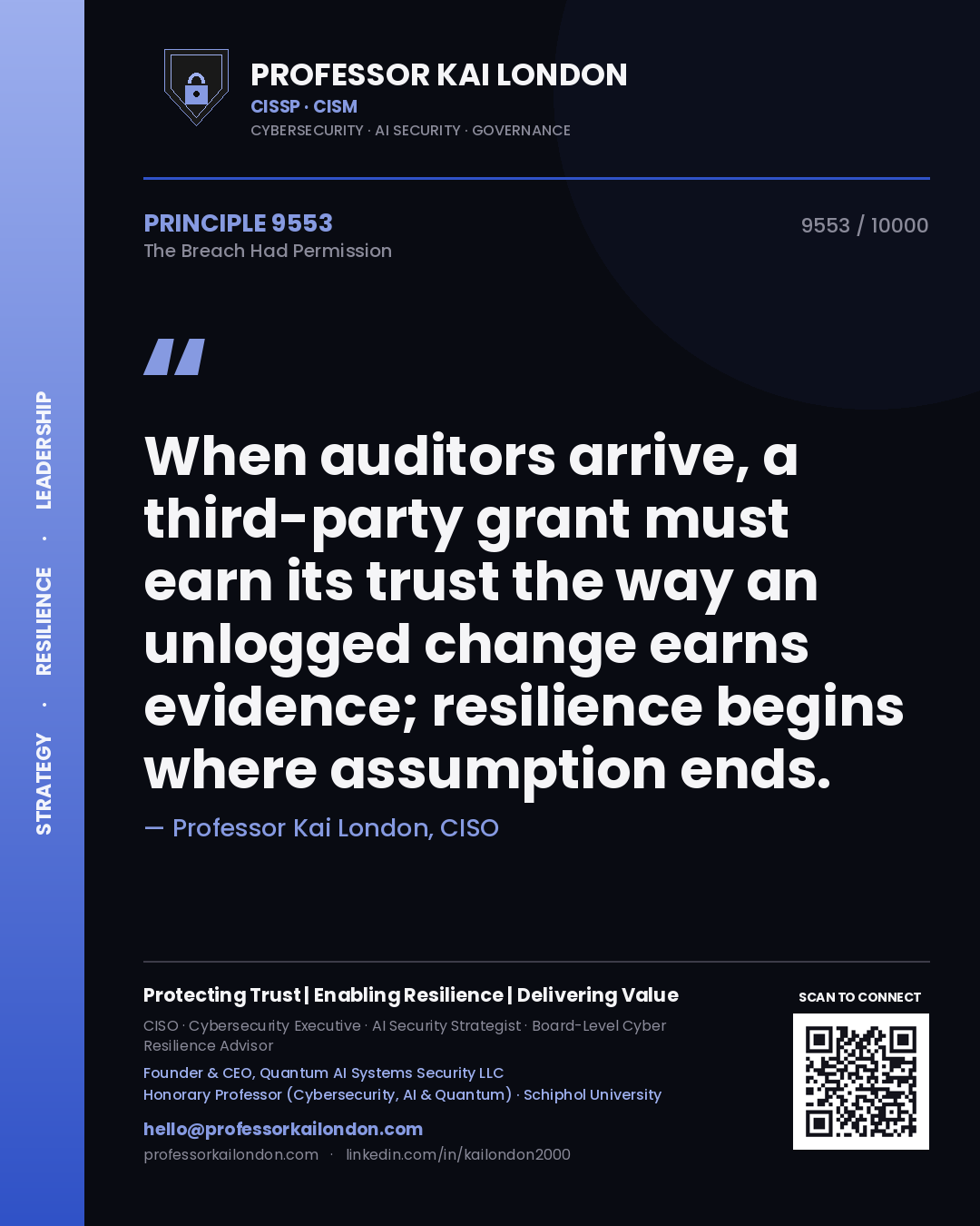 Quote card by Professor Kai London reading 'When auditors arrive, a third-party grant must earn its trust the way an unlogged change earns evidence; resilience begins where assumption ends.'. From the book The Breach Had Permission.