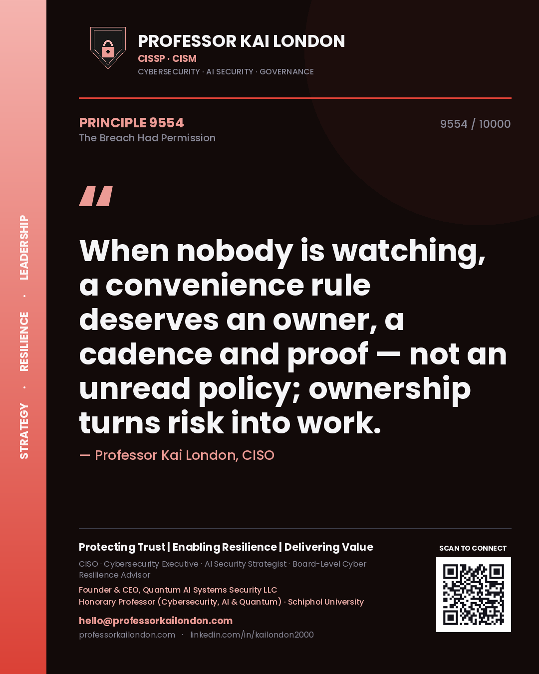 Professor Kai London principle 9554: When nobody is watching, a convenience rule deserves an owner, a cadence and proof — not an unread policy; ownership turns risk into work.