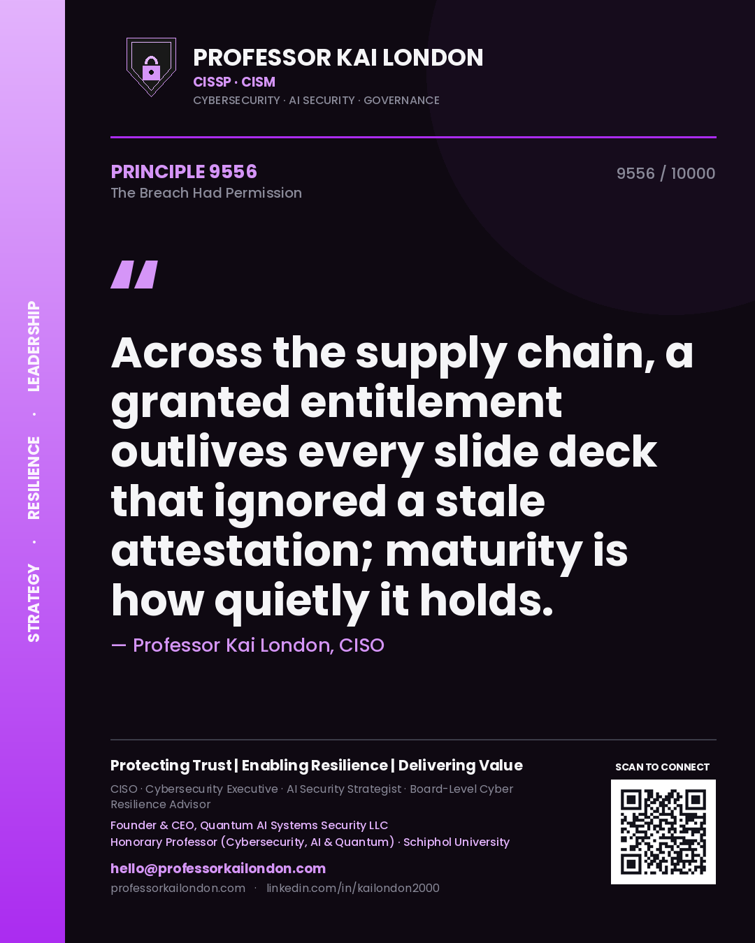 Quote card by Professor Kai London reading 'Across the supply chain, a granted entitlement outlives every slide deck that ignored a stale attestation; maturity is how quietly it holds.'. From the book The Breach Had Permission.