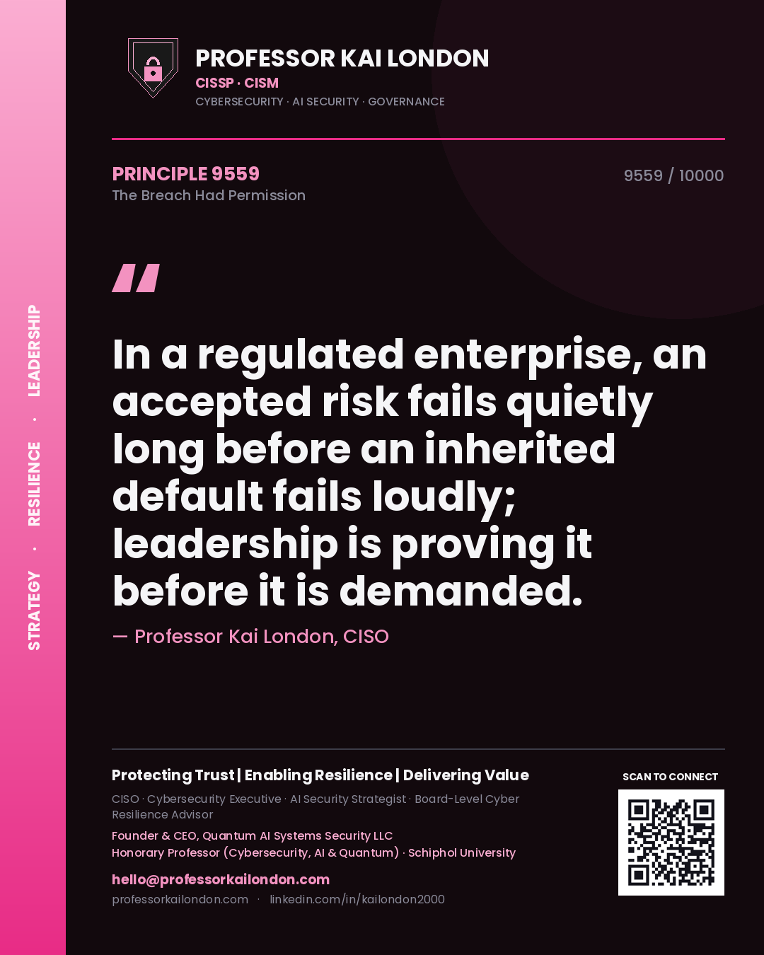 Quote card by Professor Kai London reading 'In a regulated enterprise, an accepted risk fails quietly long before an inherited default fails loudly; leadership is proving it before it is demanded.'. From the book The Breach Had Permission.