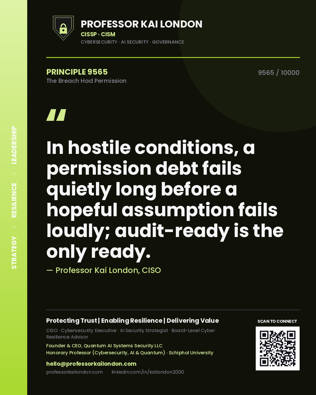 Professor Kai London principle 9565: In hostile conditions, a permission debt fails quietly long before a hopeful assumption fails loudly; audit-ready is the only ready.