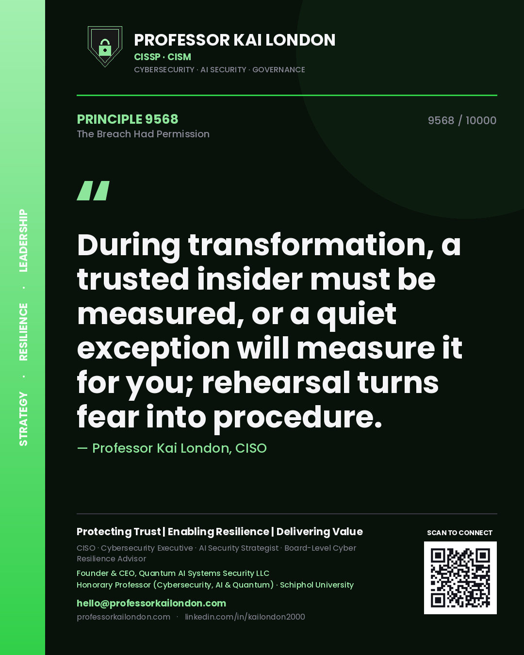 Quote card by Professor Kai London reading 'During transformation, a trusted insider must be measured, or a quiet exception will measure it for you; rehearsal turns fear into procedure.'. From the book The Breach Had Permission.