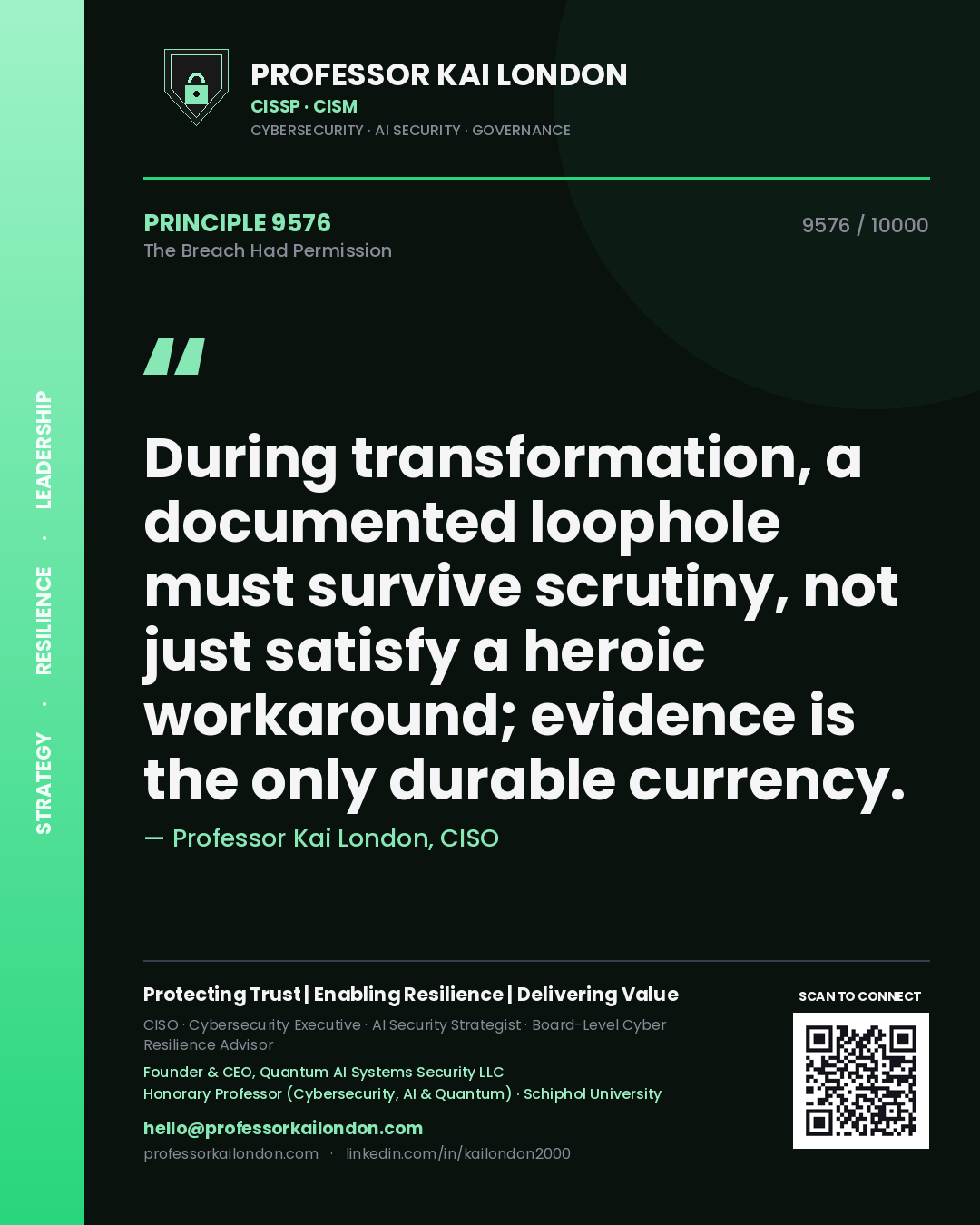 Professor Kai London principle 9576: During transformation, a documented loophole must survive scrutiny, not just satisfy a heroic workaround; evidence is the only durable currency.