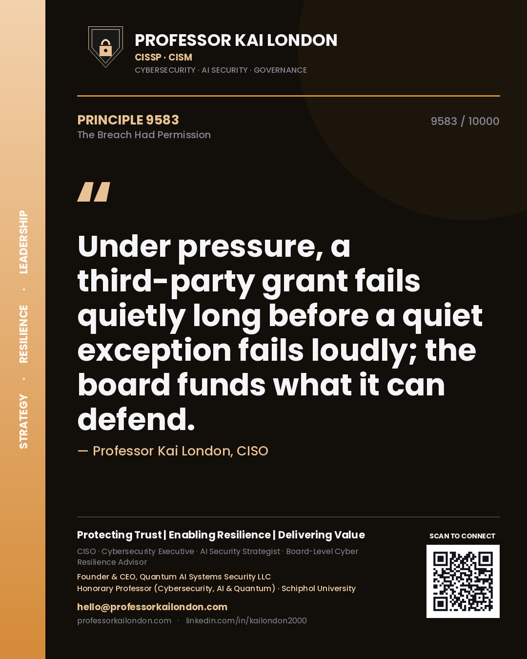 Quote card by Professor Kai London reading 'Under pressure, a third-party grant fails quietly long before a quiet exception fails loudly; the board funds what it can defend.'. From the book The Breach Had Permission.