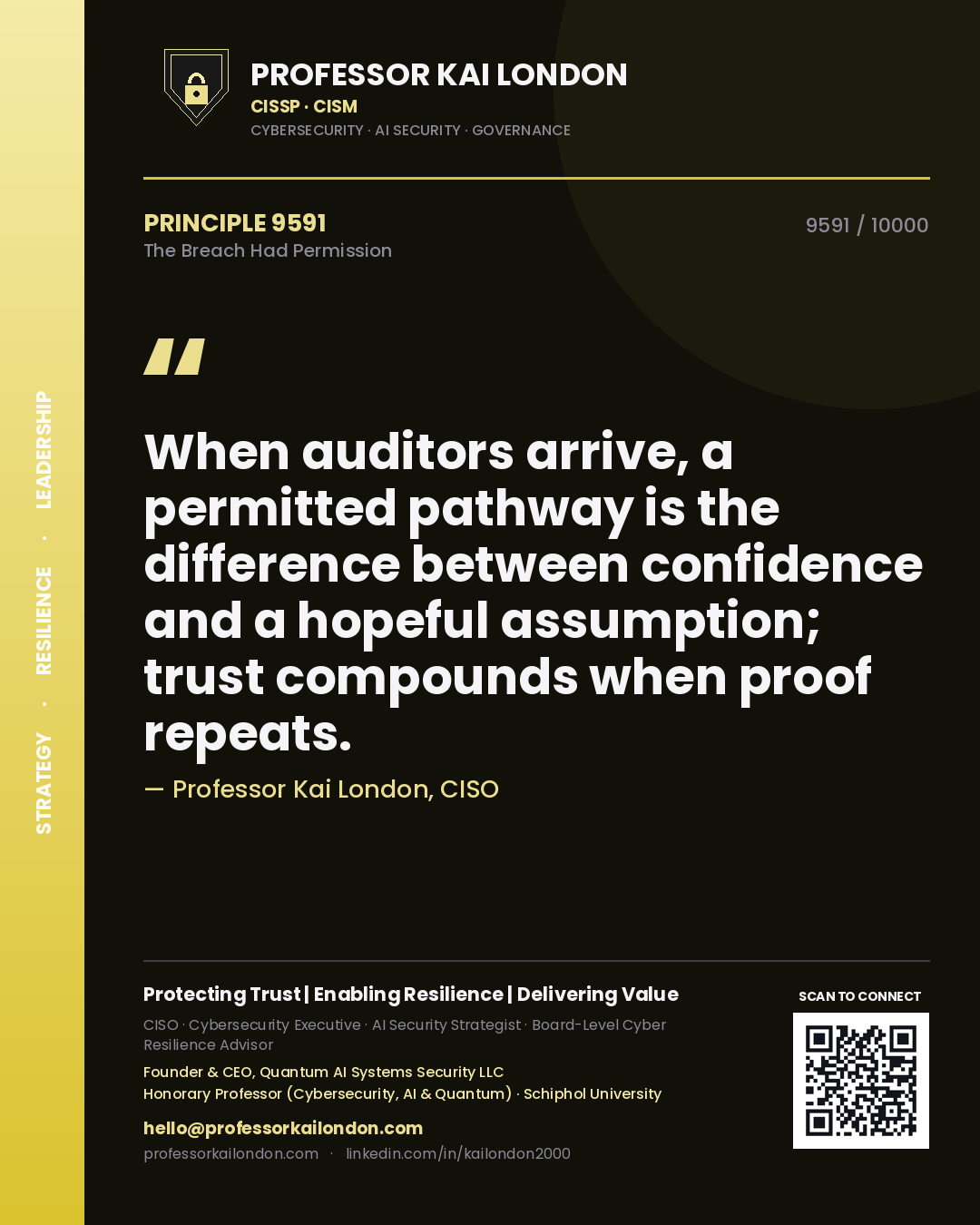 Professor Kai London principle 9591: When auditors arrive, a permitted pathway is the difference between confidence and a hopeful assumption; trust compounds when proof repeats.