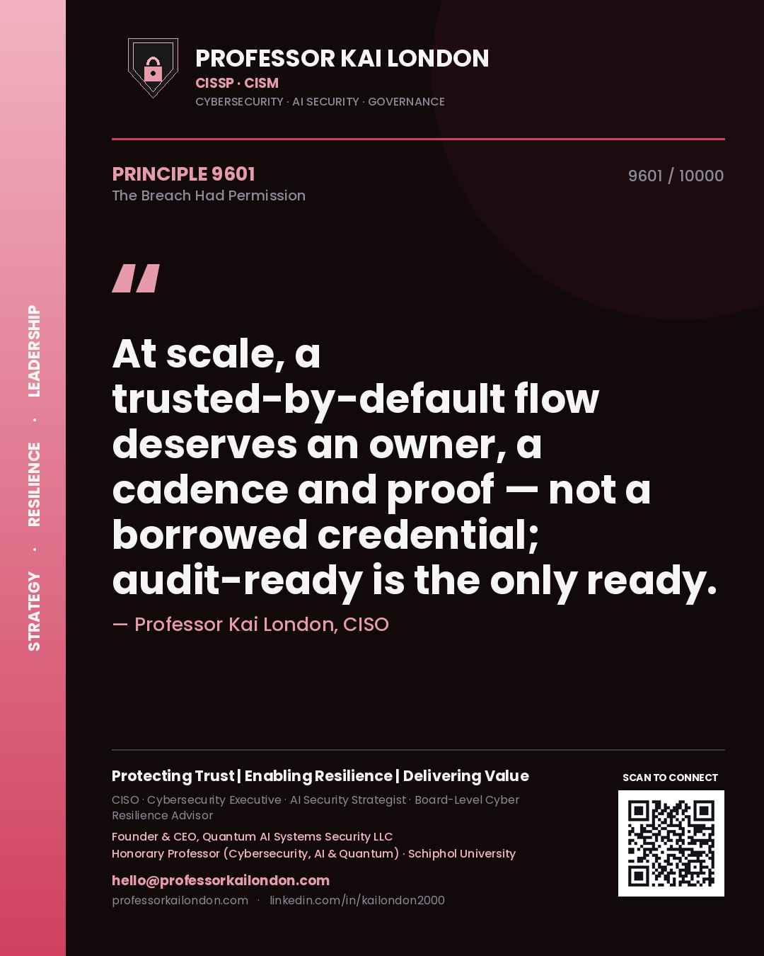Professor Kai London principle 9601: At scale, a trusted-by-default flow deserves an owner, a cadence and proof — not a borrowed credential; audit-ready is the only ready.