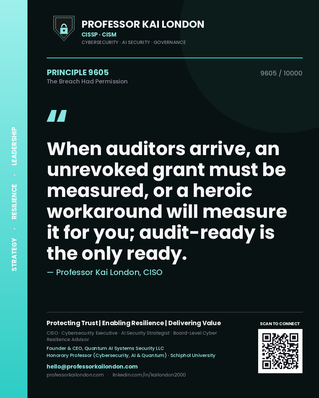 Quote card by Professor Kai London reading 'When auditors arrive, an unrevoked grant must be measured, or a heroic workaround will measure it for you; audit-ready is the only ready.'. From the book The Breach Had Permission.