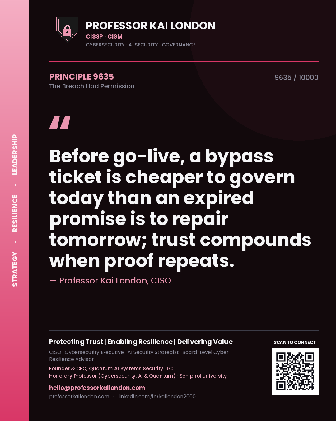 Professor Kai London principle 9635: Before go-live, a bypass ticket is cheaper to govern today than an expired promise is to repair tomorrow; trust compounds when proof repeats.