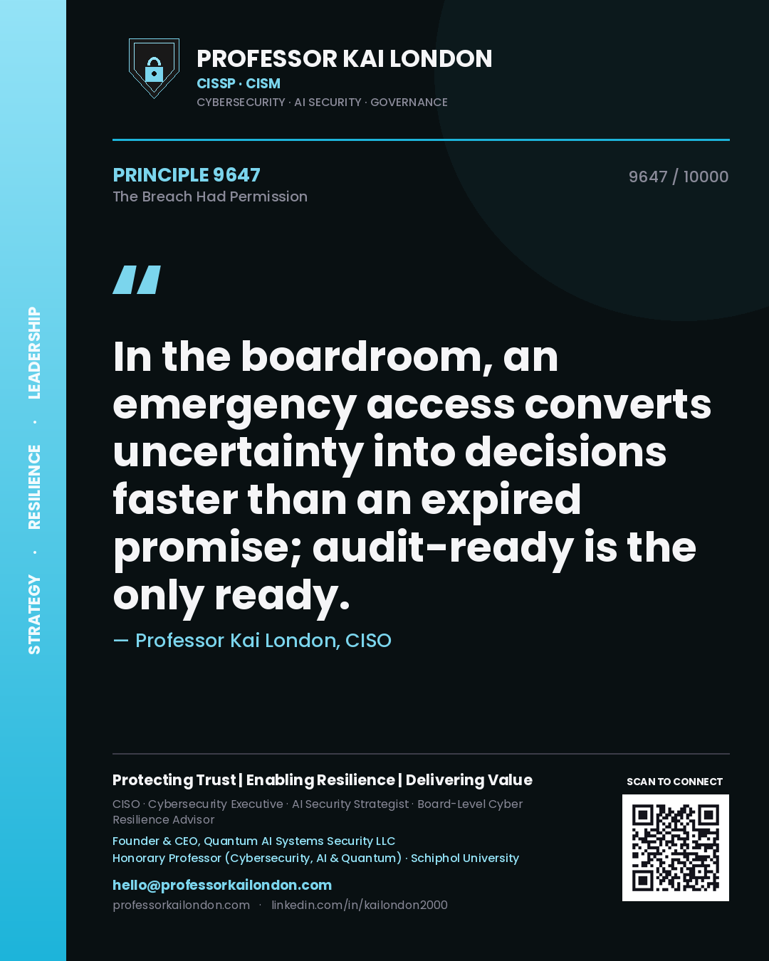 Quote card by Professor Kai London reading 'In the boardroom, an emergency access converts uncertainty into decisions faster than an expired promise; audit-ready is the only ready.'. From the book The Breach Had Permission.