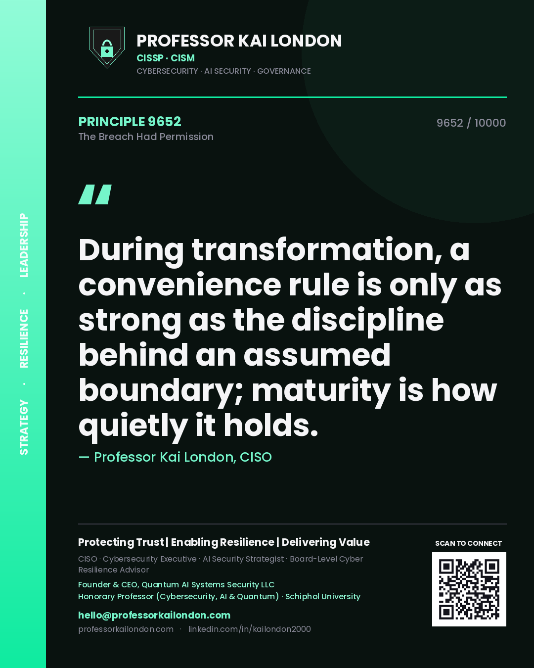 Professor Kai London principle 9652: During transformation, a convenience rule is only as strong as the discipline behind an assumed boundary; maturity is how quietly it holds.