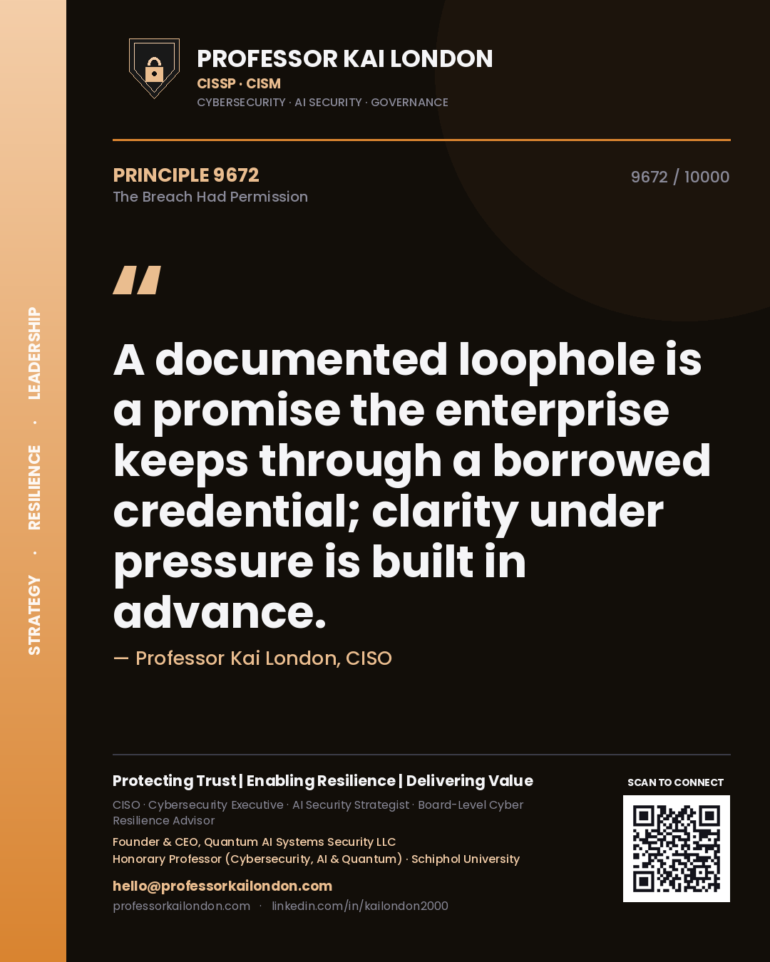 Quote card by Professor Kai London reading 'A documented loophole is a promise the enterprise keeps through a borrowed credential; clarity under pressure is built in advance.'. From the book The Breach Had Permission.