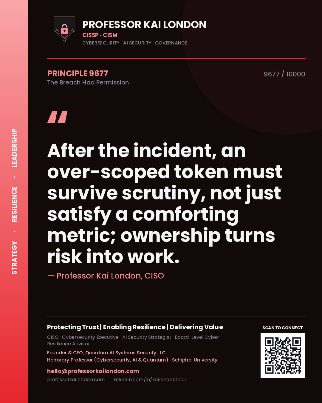 Quote card by Professor Kai London reading 'After the incident, an over-scoped token must survive scrutiny, not just satisfy a comforting metric; ownership turns risk into work.'. From the book The Breach Had Permission.