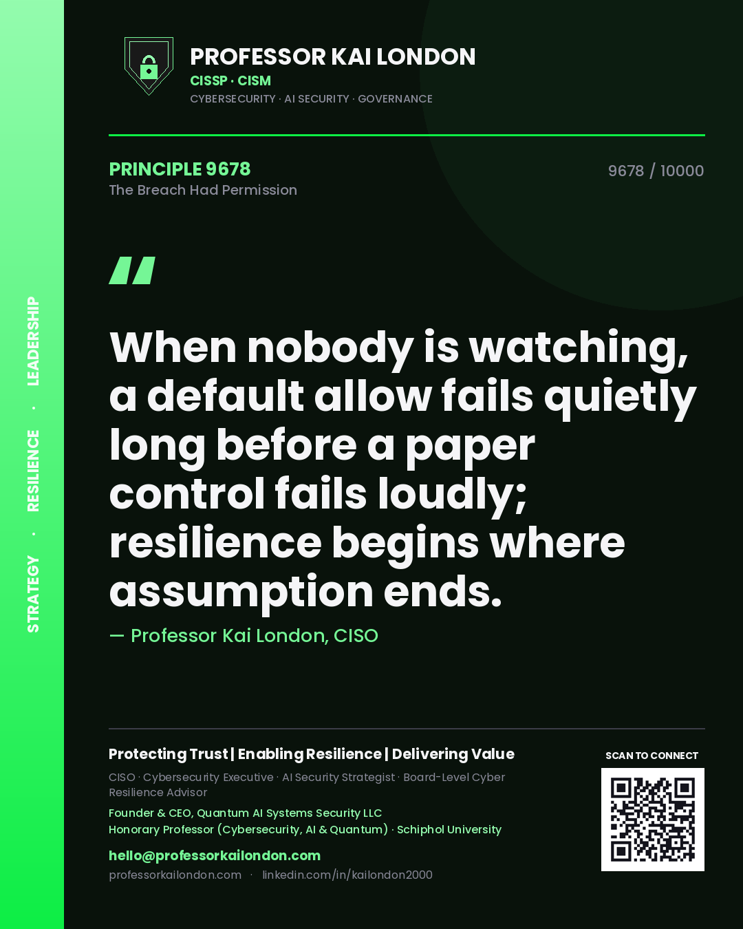 Quote card by Professor Kai London reading 'When nobody is watching, a default allow fails quietly long before a paper control fails loudly; resilience begins where assumption ends.'. From the book The Breach Had Permission.