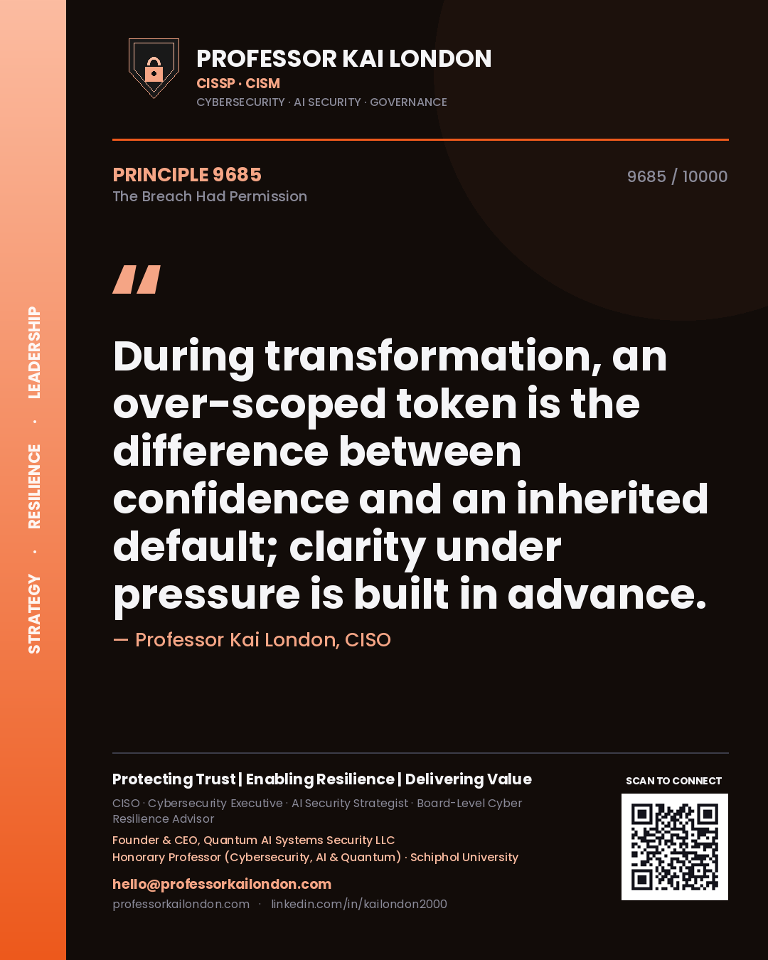 Quote card by Professor Kai London reading 'During transformation, an over-scoped token is the difference between confidence and an inherited default; clarity under pressure is built in advance.'. From the book The Breach Had Permission.