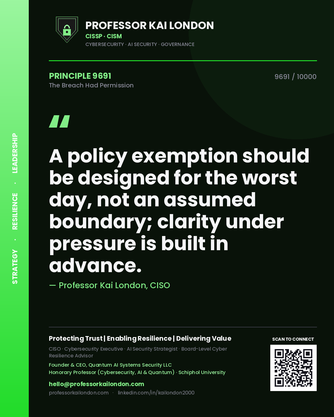 Quote card by Professor Kai London reading 'A policy exemption should be designed for the worst day, not an assumed boundary; clarity under pressure is built in advance.'. From the book The Breach Had Permission.