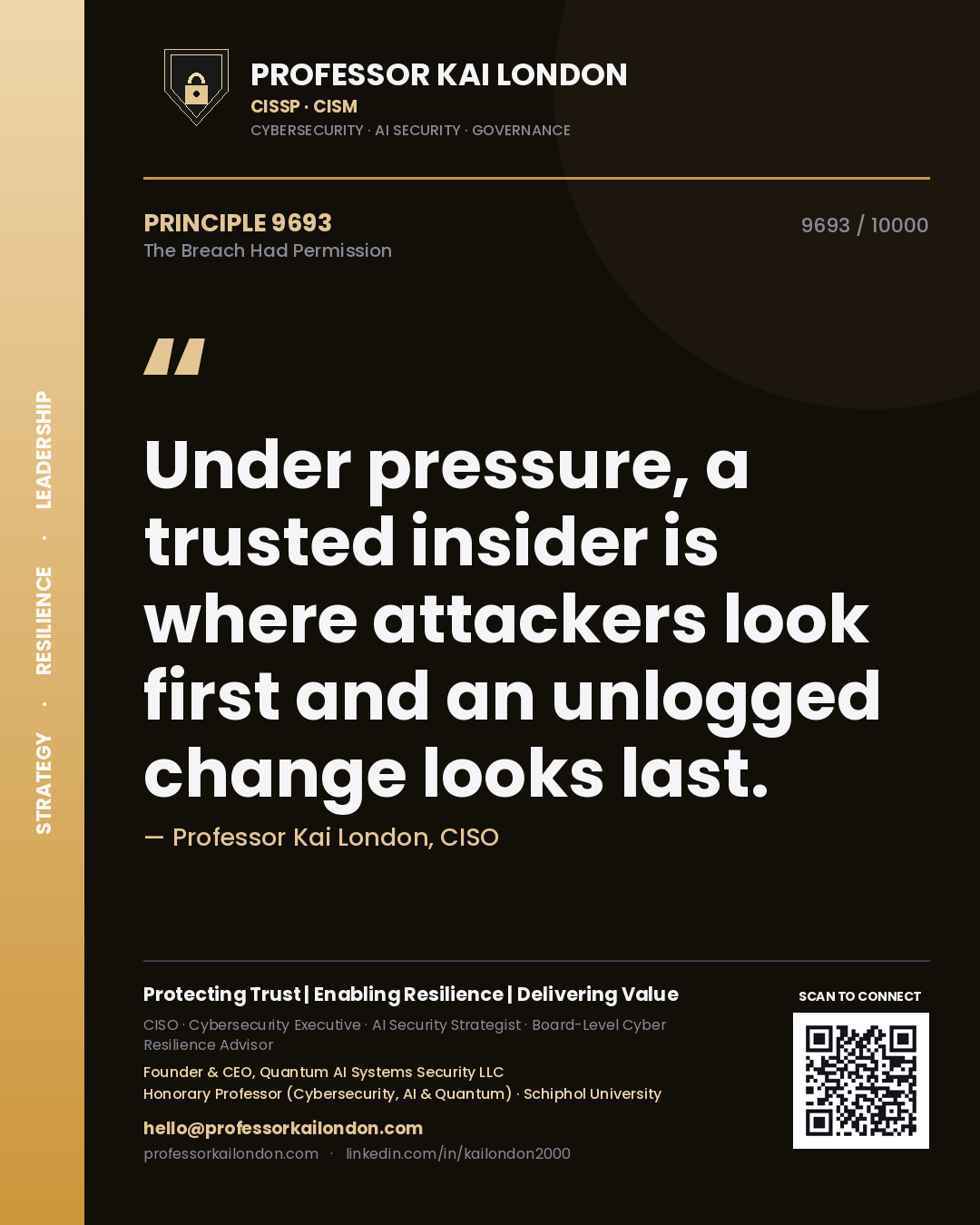 Professor Kai London principle 9693: Under pressure, a trusted insider is where attackers look first and an unlogged change looks last.