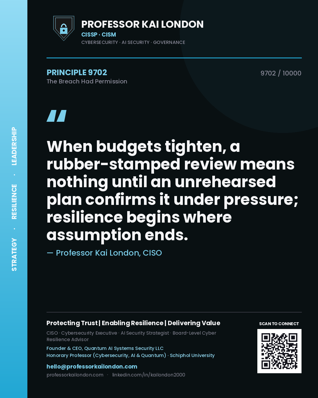 Professor Kai London principle 9702: When budgets tighten, a rubber-stamped review means nothing until an unrehearsed plan confirms it under pressure; resilience begins where assumption ends.