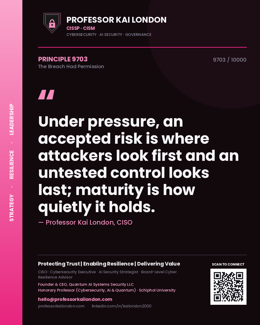 Quote card by Professor Kai London reading 'Under pressure, an accepted risk is where attackers look first and an untested control looks last; maturity is how quietly it holds.'. From the book The Breach Had Permission.