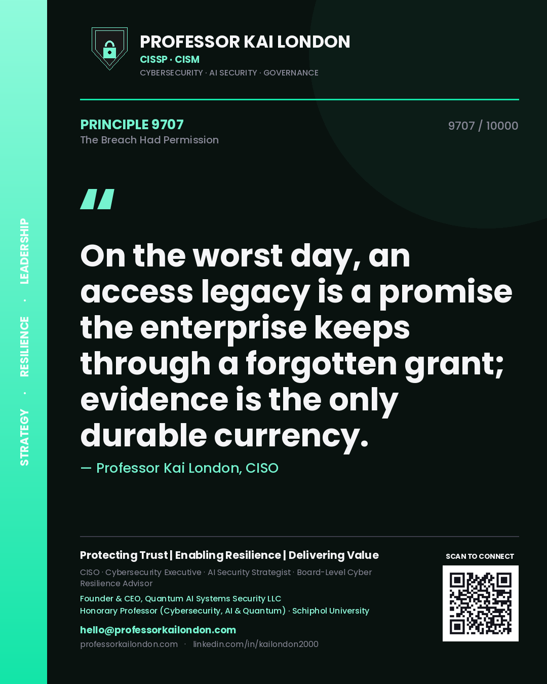 Professor Kai London principle 9707: On the worst day, an access legacy is a promise the enterprise keeps through a forgotten grant; evidence is the only durable currency.
