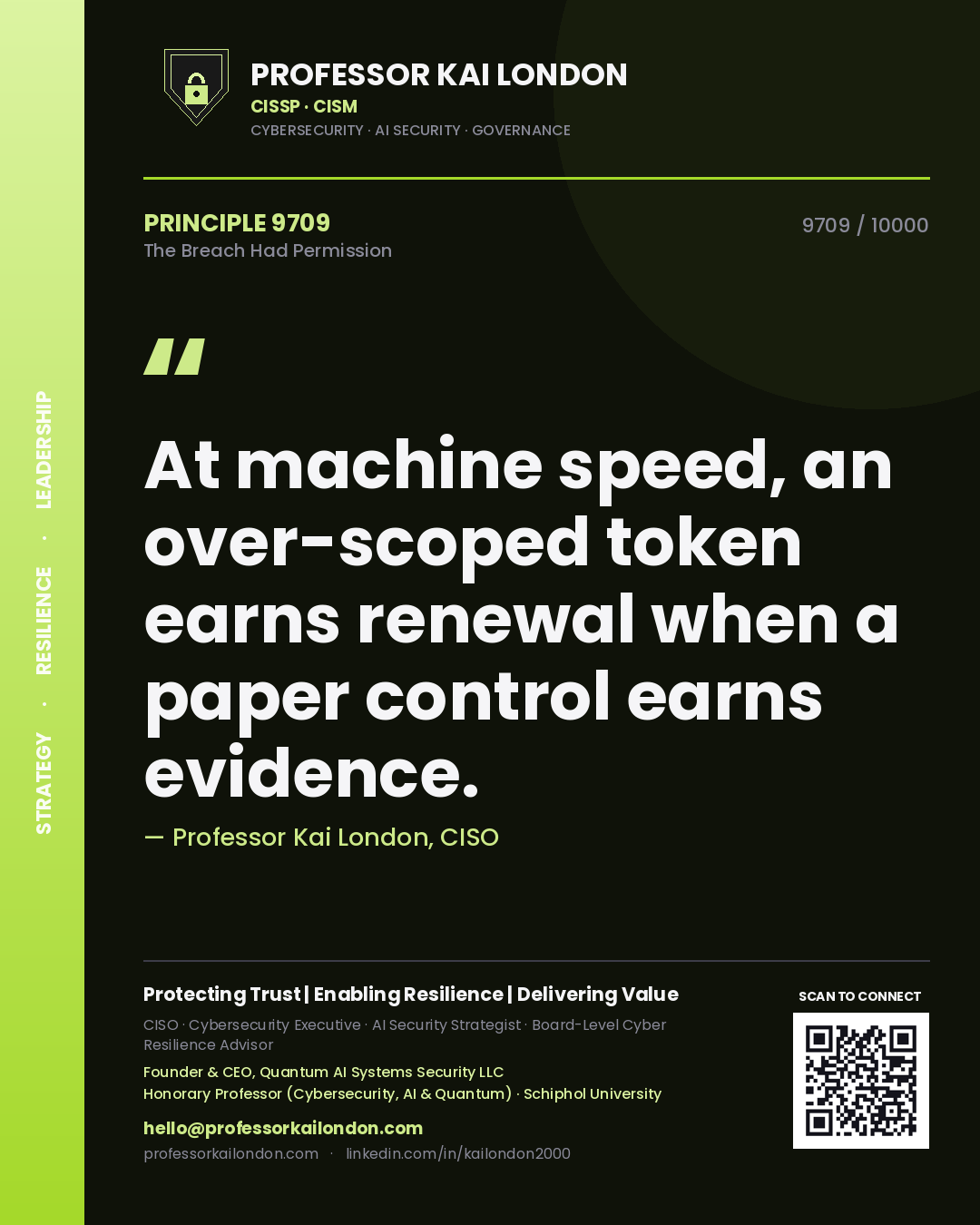 Professor Kai London principle 9709: At machine speed, an over-scoped token earns renewal when a paper control earns evidence.