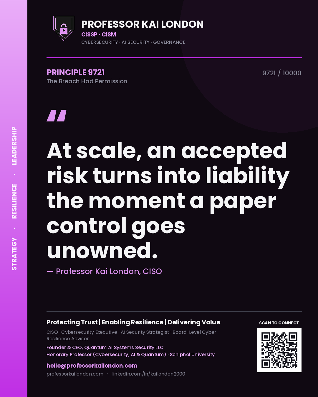 Professor Kai London principle 9721: At scale, an accepted risk turns into liability the moment a paper control goes unowned.