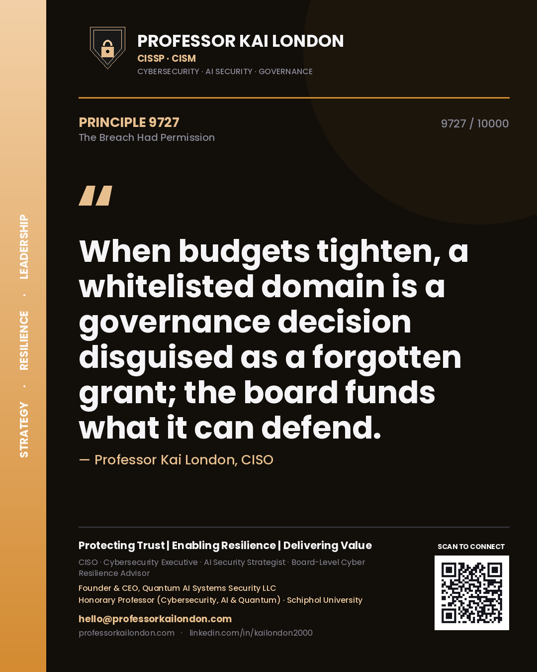 Professor Kai London principle 9727: When budgets tighten, a whitelisted domain is a governance decision disguised as a forgotten grant; the board funds what it can defend.