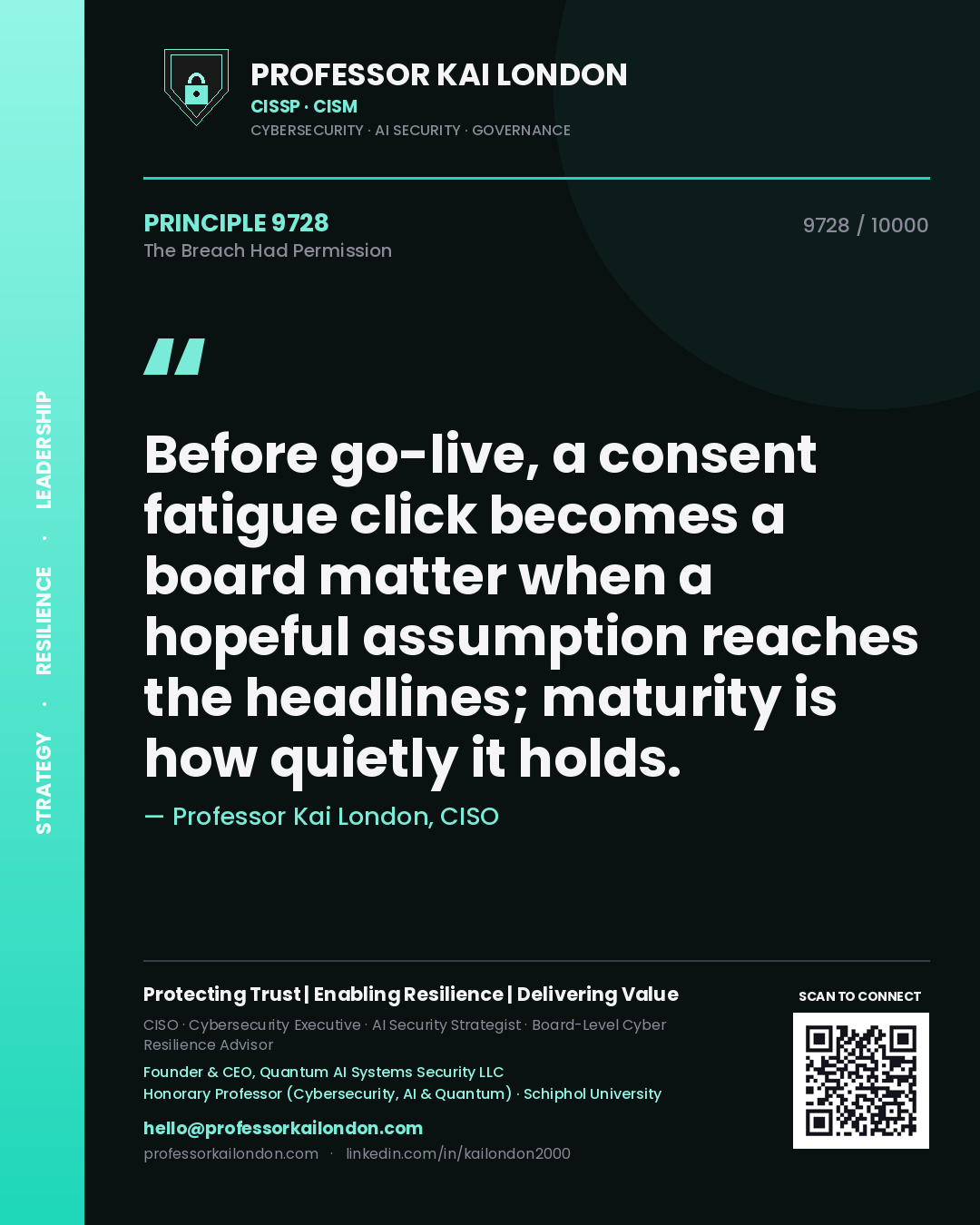 Professor Kai London principle 9728: Before go-live, a consent fatigue click becomes a board matter when a hopeful assumption reaches the headlines; maturity is how quietly it holds.