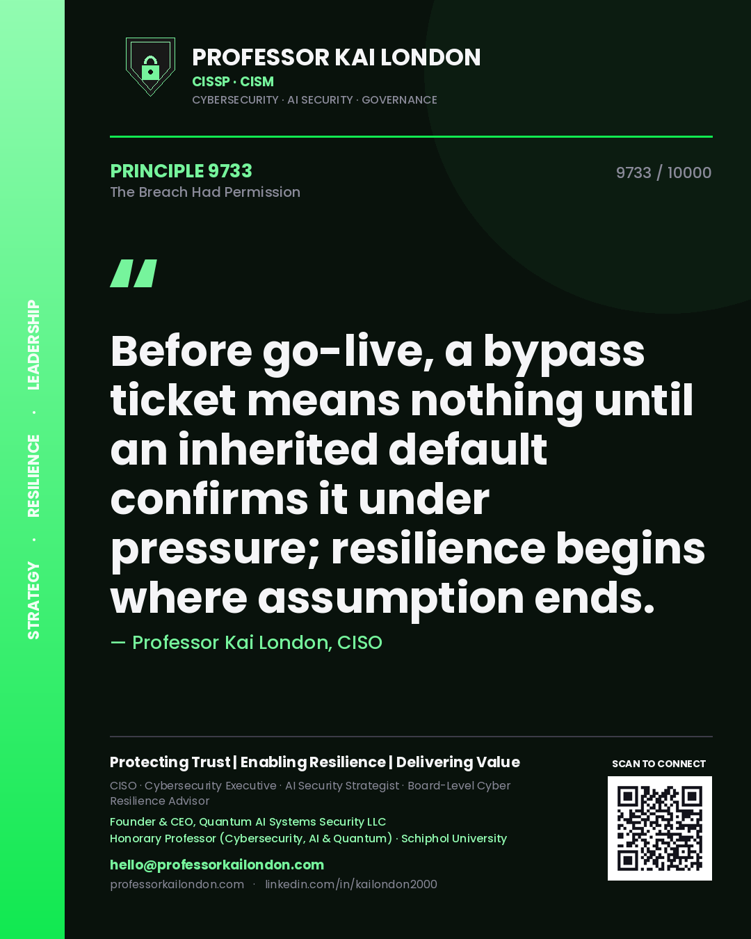 Quote card by Professor Kai London reading 'Before go-live, a bypass ticket means nothing until an inherited default confirms it under pressure; resilience begins where assumption ends.'. From the book The Breach Had Permission.