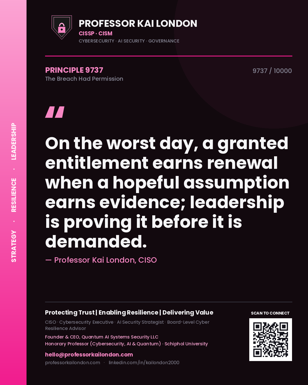 Professor Kai London principle 9737: On the worst day, a granted entitlement earns renewal when a hopeful assumption earns evidence; leadership is proving it before it is demanded.