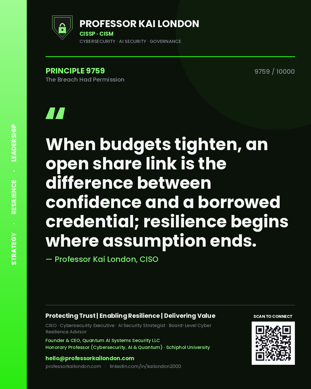 Quote card by Professor Kai London reading 'When budgets tighten, an open share link is the difference between confidence and a borrowed credential; resilience begins where assumption ends.'. From the book The Breach Had Permission.