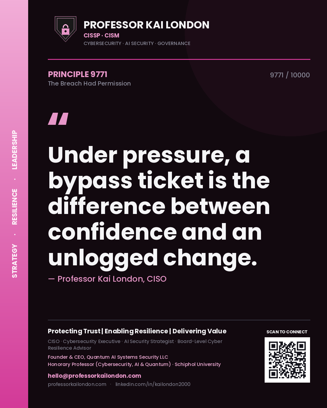 Quote card by Professor Kai London reading 'Under pressure, a bypass ticket is the difference between confidence and an unlogged change.'. From the book The Breach Had Permission.