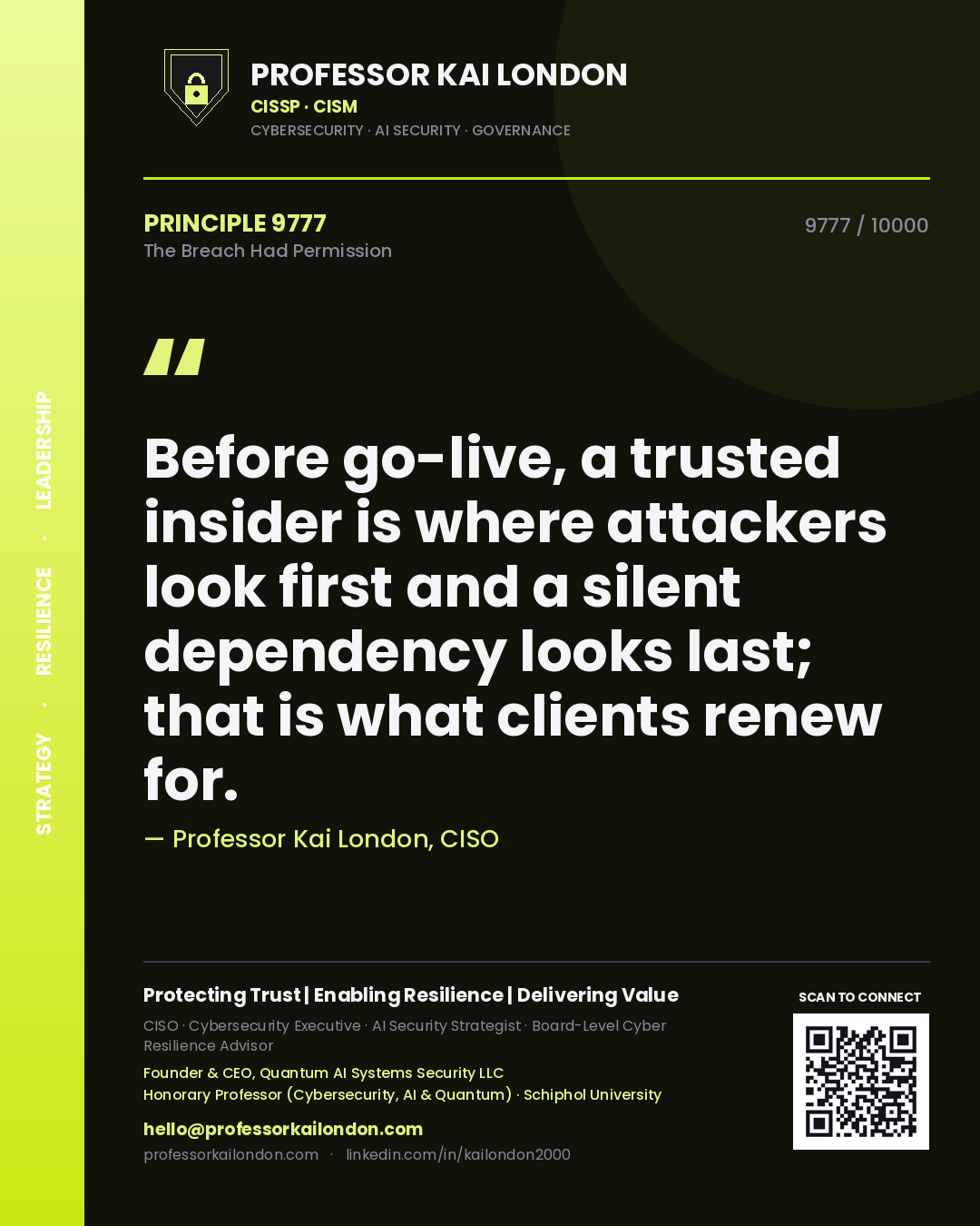 Professor Kai London principle 9777: Before go-live, a trusted insider is where attackers look first and a silent dependency looks last; that is what clients renew for.