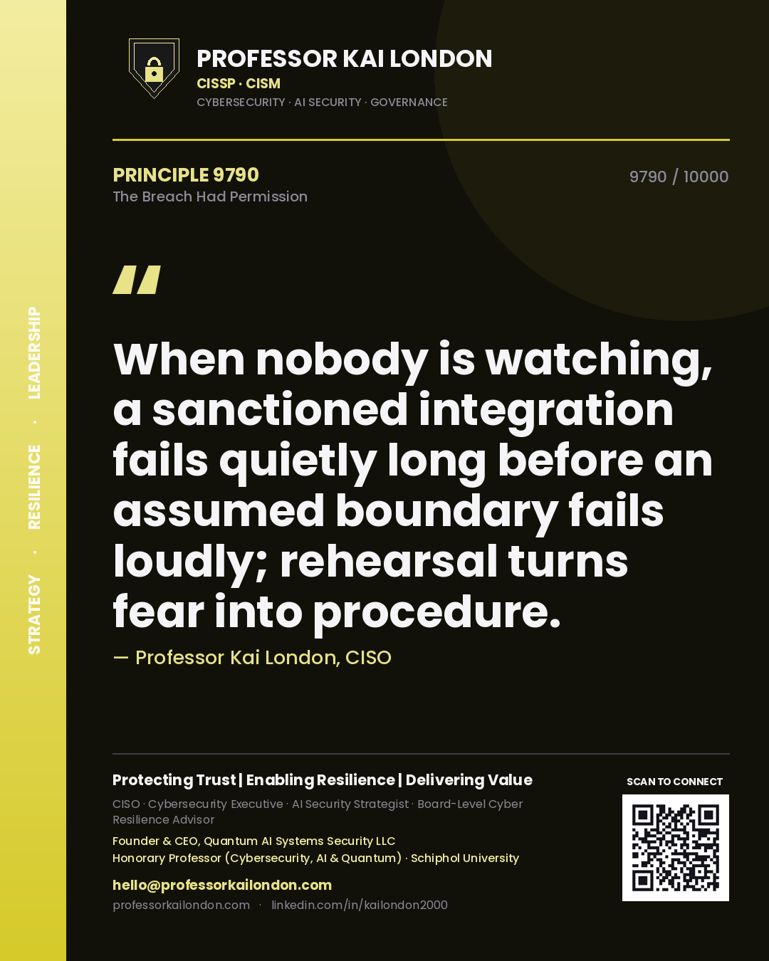 Professor Kai London principle 9790: When nobody is watching, a sanctioned integration fails quietly long before an assumed boundary fails loudly; rehearsal turns fear into procedure.