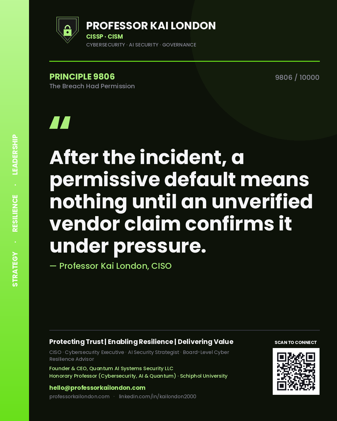 Professor Kai London principle 9806: After the incident, a permissive default means nothing until an unverified vendor claim confirms it under pressure.