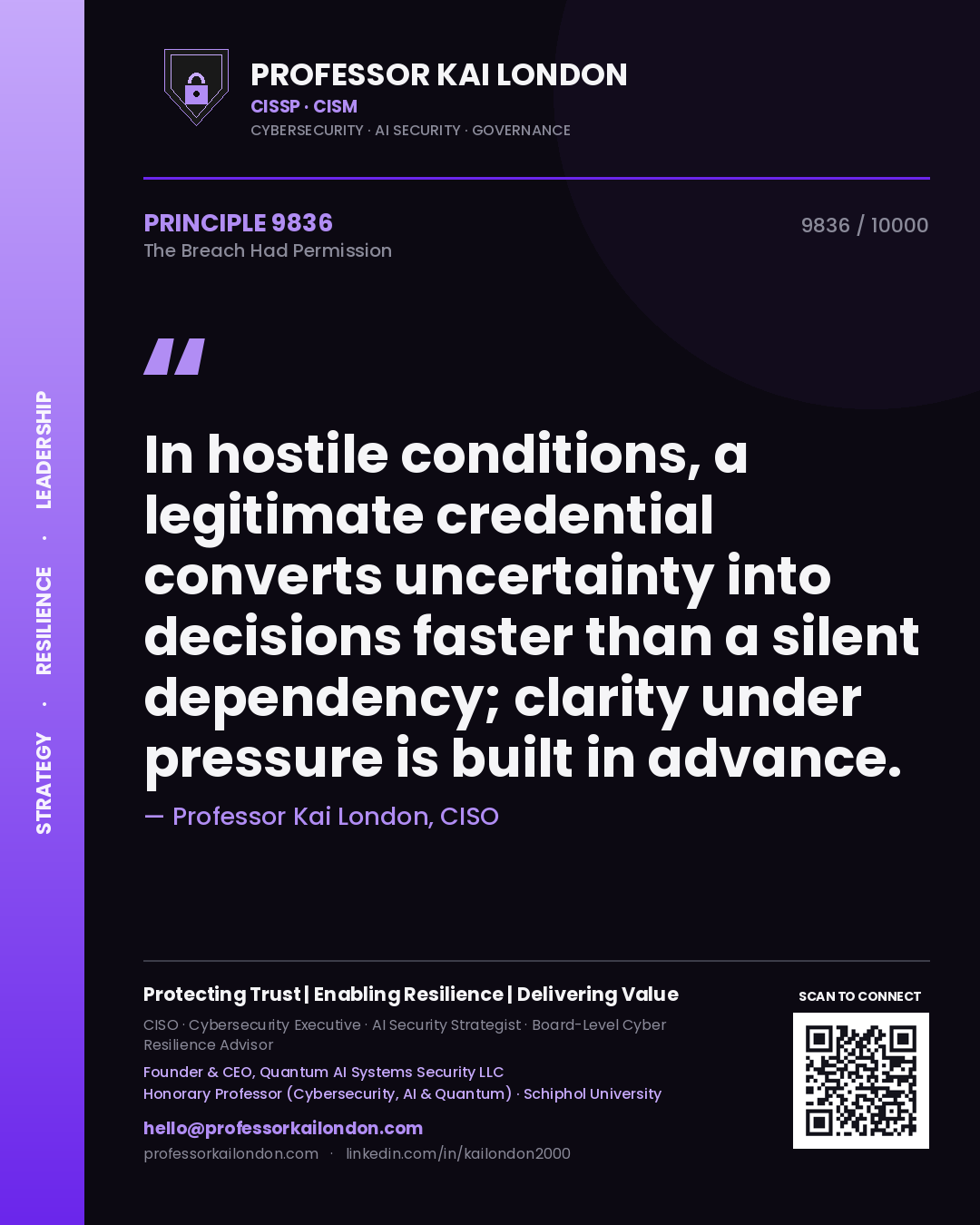 Professor Kai London principle 9836: In hostile conditions, a legitimate credential converts uncertainty into decisions faster than a silent dependency; clarity under pressure is built in advance.