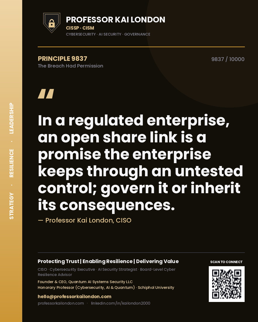 Professor Kai London principle 9837: In a regulated enterprise, an open share link is a promise the enterprise keeps through an untested control; govern it or inherit its consequences.