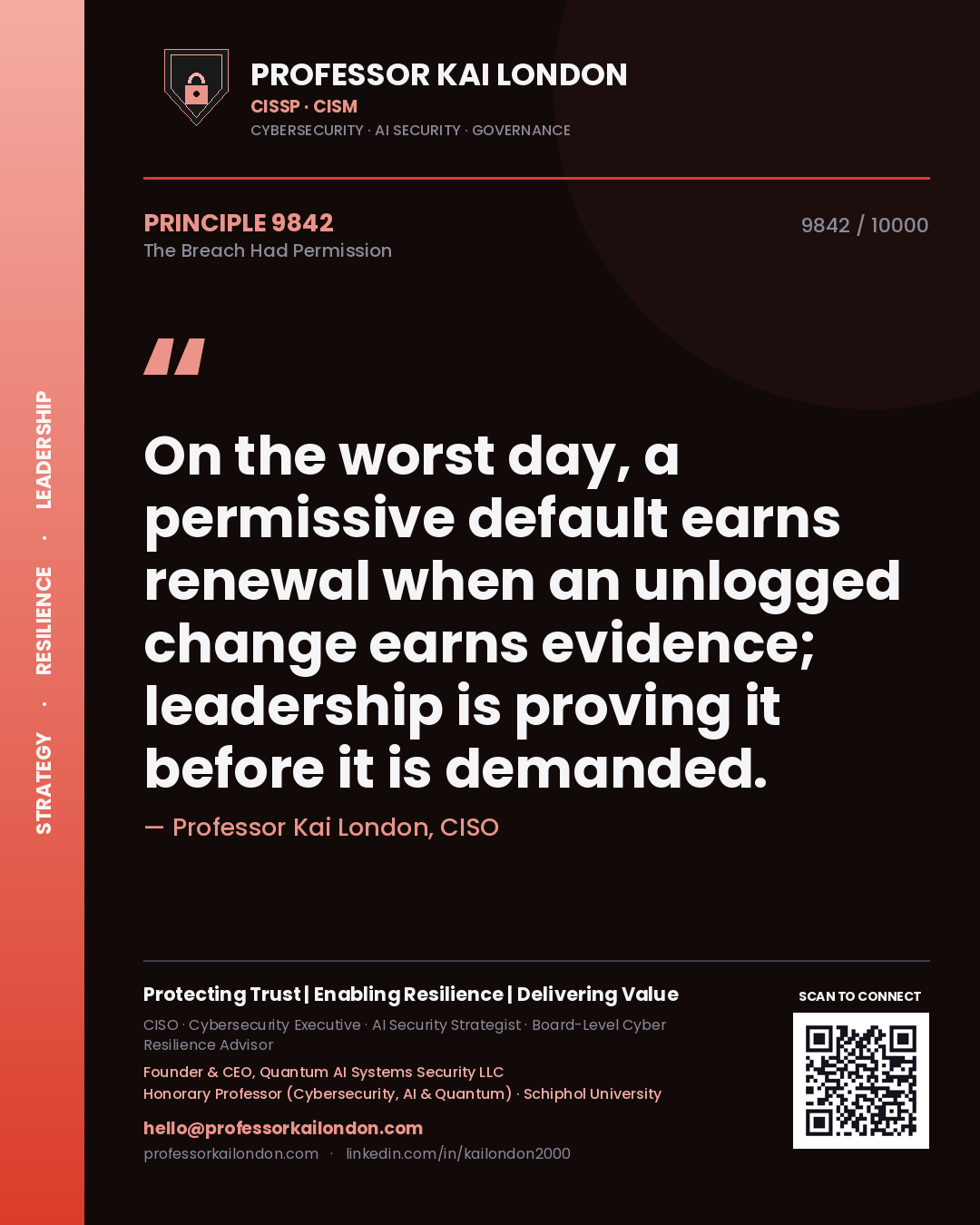 Professor Kai London principle 9842: On the worst day, a permissive default earns renewal when an unlogged change earns evidence; leadership is proving it before it is demanded.