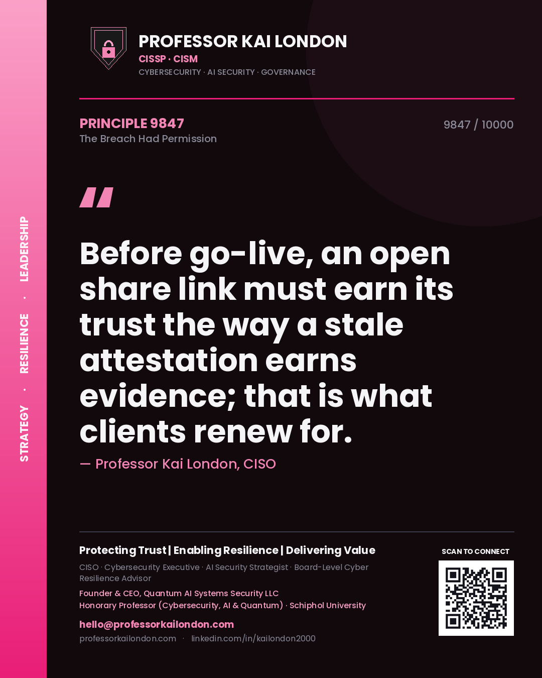 Professor Kai London principle 9847: Before go-live, an open share link must earn its trust the way a stale attestation earns evidence; that is what clients renew for.
