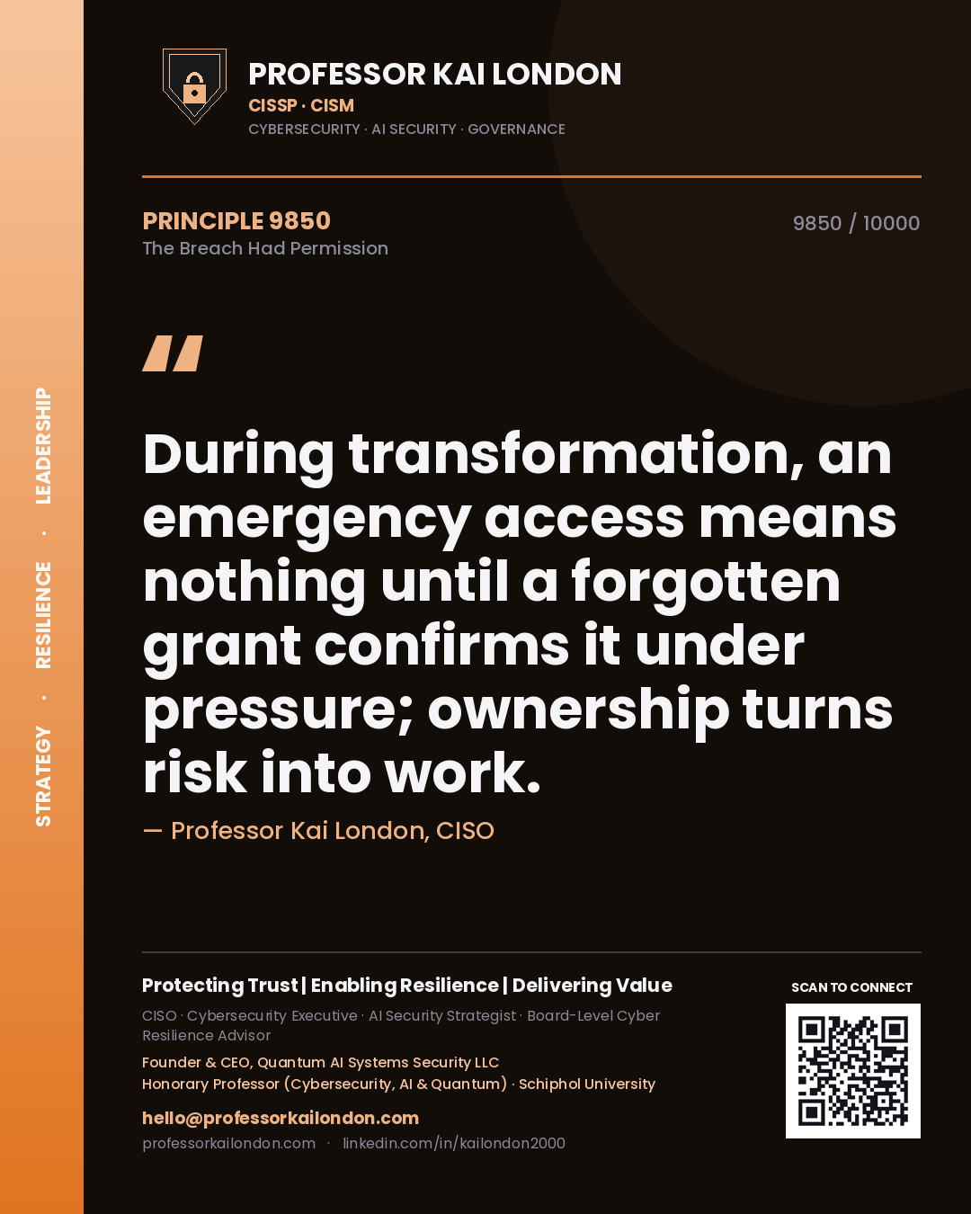 Quote card by Professor Kai London reading 'During transformation, an emergency access means nothing until a forgotten grant confirms it under pressure; ownership turns risk into work.'. From the book The Breach Had Permission.