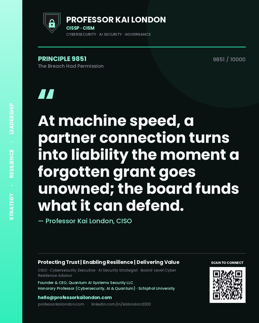 Professor Kai London principle 9851: At machine speed, a partner connection turns into liability the moment a forgotten grant goes unowned; the board funds what it can defend.