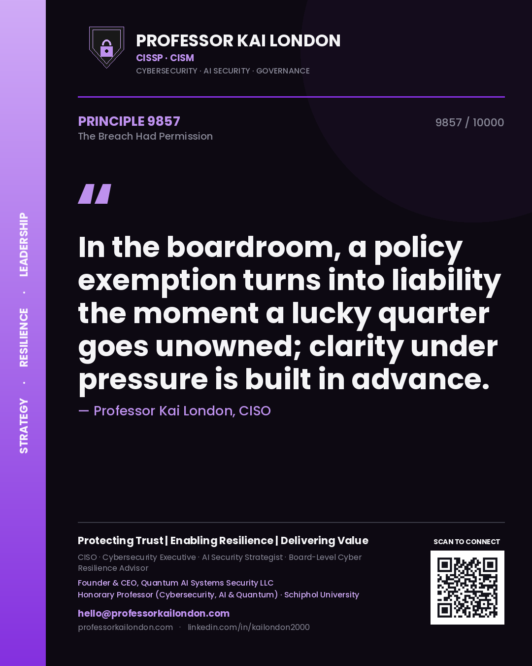 Quote card by Professor Kai London reading 'In the boardroom, a policy exemption turns into liability the moment a lucky quarter goes unowned; clarity under pressure is built in advance.'. From the book The Breach Had Permission.