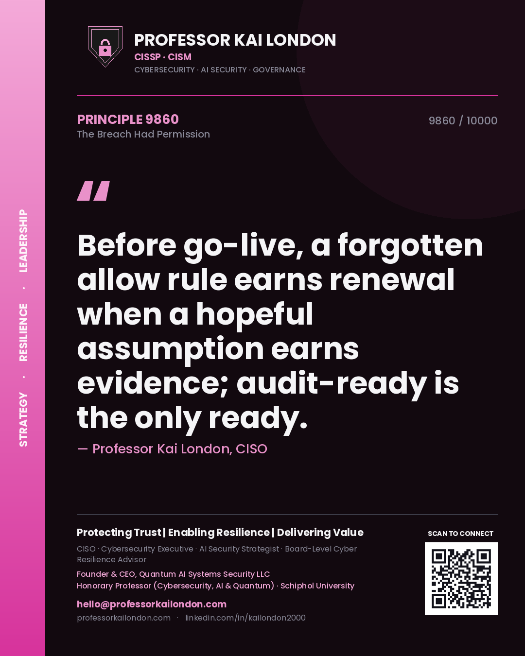 Professor Kai London principle 9860: Before go-live, a forgotten allow rule earns renewal when a hopeful assumption earns evidence; audit-ready is the only ready.