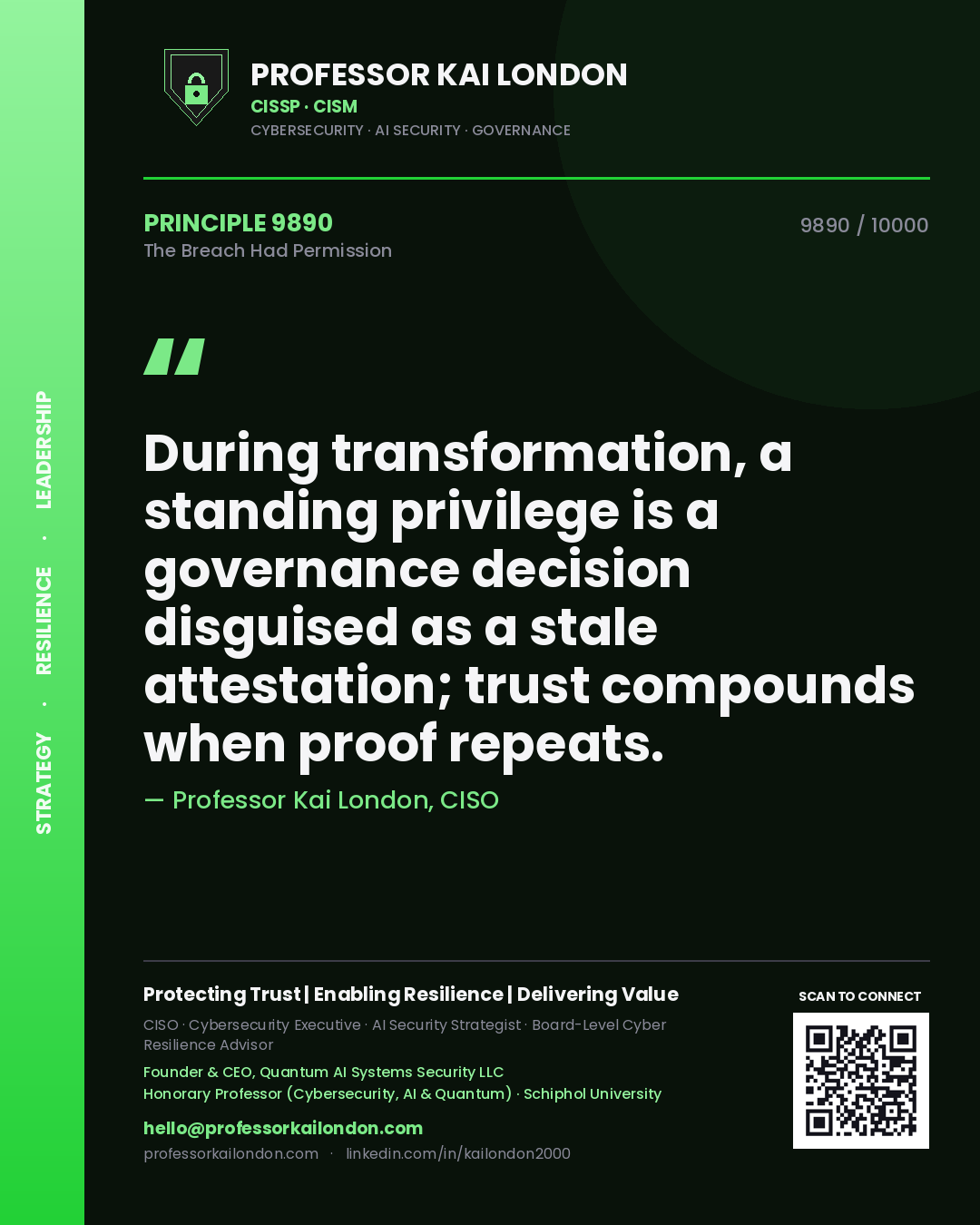 Professor Kai London principle 9890: During transformation, a standing privilege is a governance decision disguised as a stale attestation; trust compounds when proof repeats.