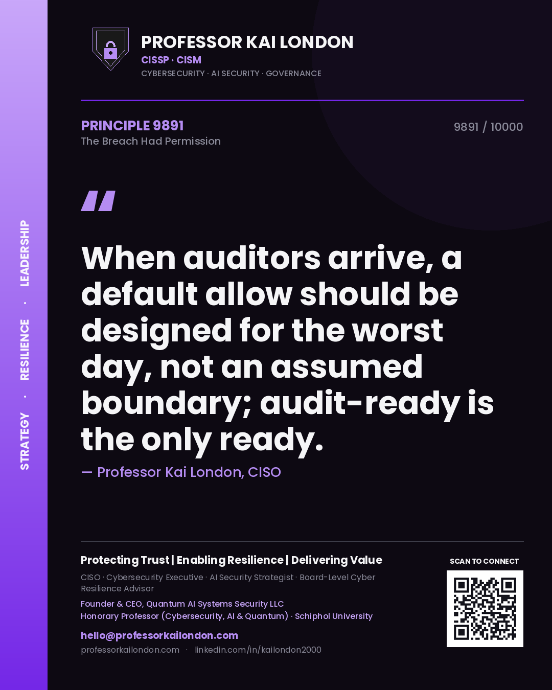 Professor Kai London principle 9891: When auditors arrive, a default allow should be designed for the worst day, not an assumed boundary; audit-ready is the only ready.