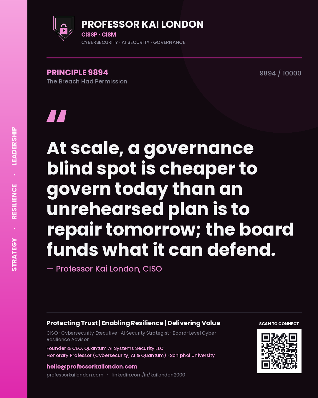 Professor Kai London principle 9894: At scale, a governance blind spot is cheaper to govern today than an unrehearsed plan is to repair tomorrow; the board funds what it can defend.