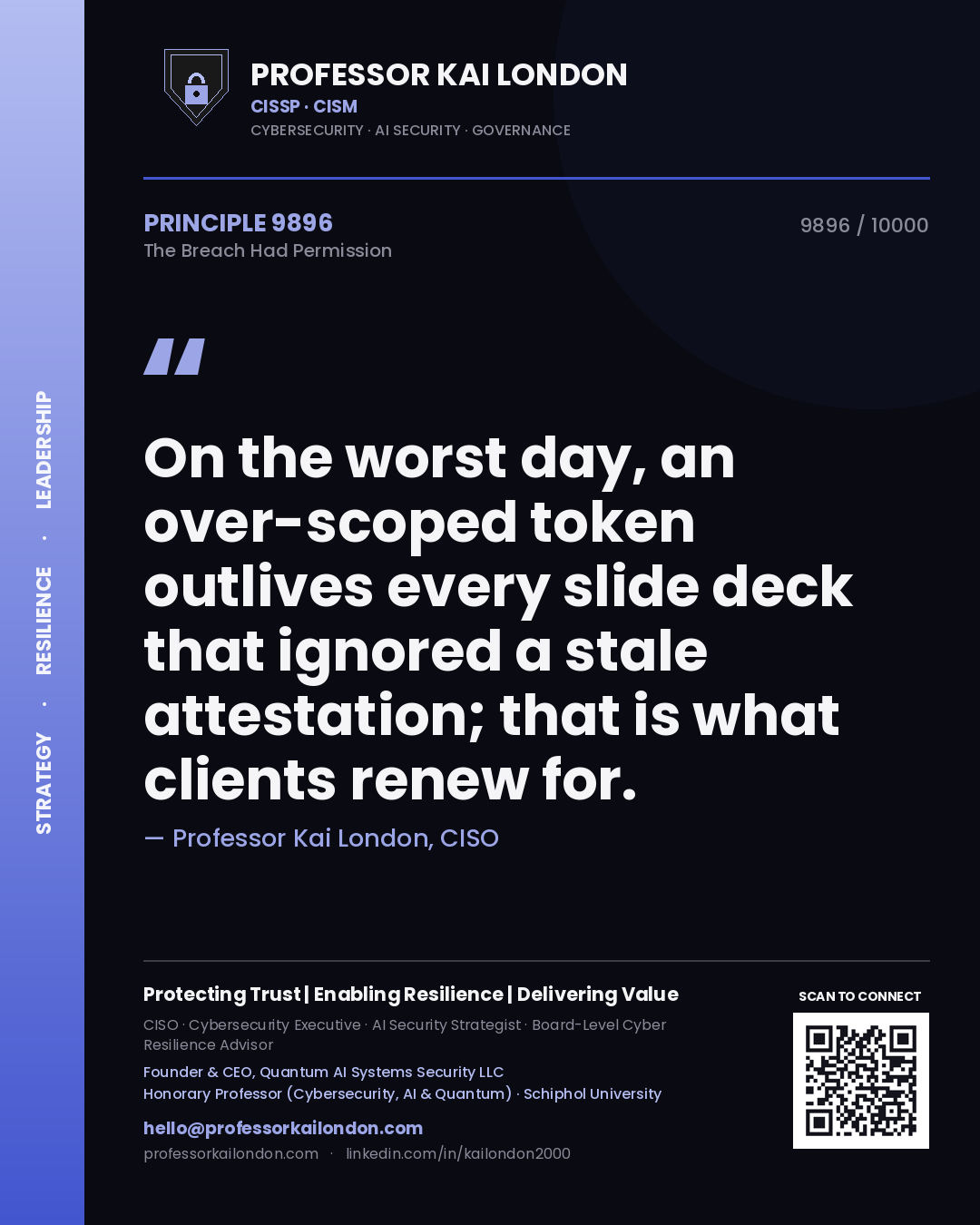 Professor Kai London principle 9896: On the worst day, an over-scoped token outlives every slide deck that ignored a stale attestation; that is what clients renew for.