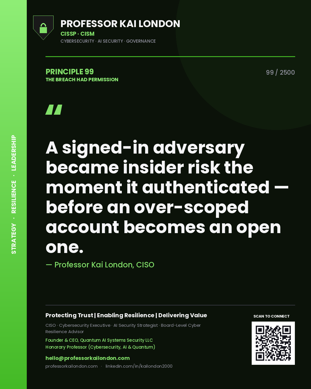 Professor Kai London principle 99: A signed-in adversary became insider risk the moment it authenticated — before an over-scoped account becomes an open one.
