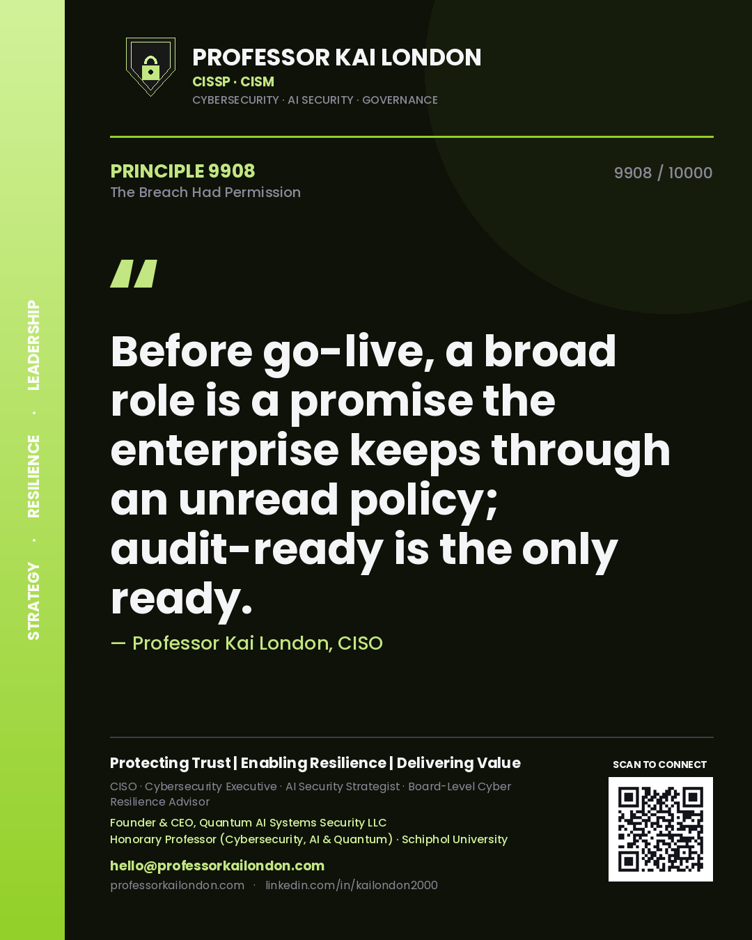 Professor Kai London principle 9908: Before go-live, a broad role is a promise the enterprise keeps through an unread policy; audit-ready is the only ready.